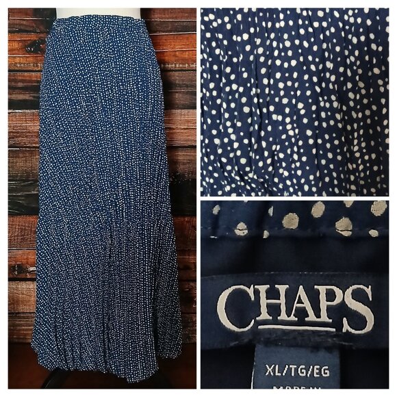 NWT Chaps Maxi Skirt XL Hazy Night Navy Polka Dot Pleated Chiffon Lined Stretch - Picture 1 of 9